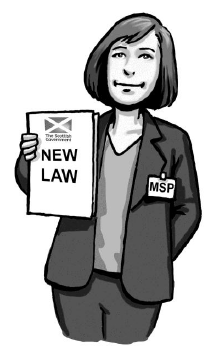 a woman in a suit holding a document with ‘New Law’ written on the cover