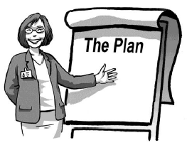 a woman in a suit pointing at a flip-chart, with ‘The Plan’ written on it