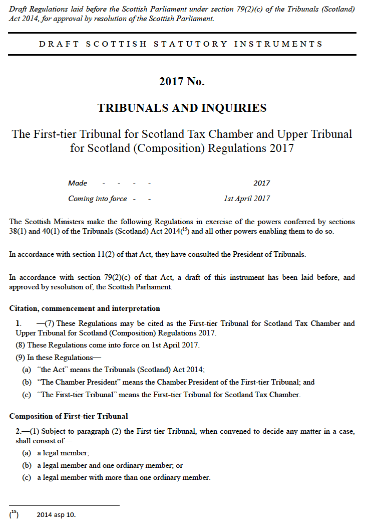 Draft Regulations Setting Out Composition Of The First-Tier Tribunal For Scotland Tax Chamber And Upper Tribunal For Scotland 
