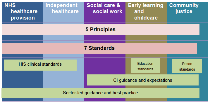 The diagram shows where the standards fit with other guidelines and professional codes of practice