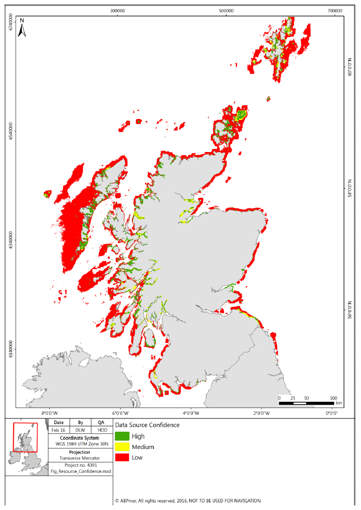 Figure A1: Level of confidence in the combined mapped distribution of seaweeds and seagrasses in Scotland
