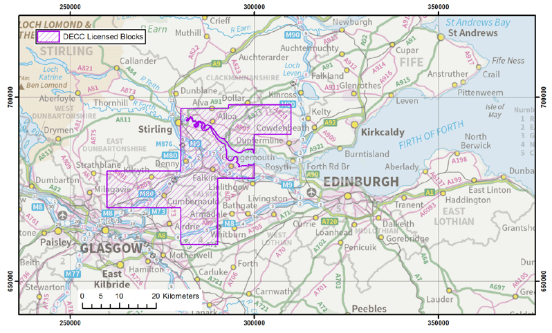 Figure 1: Map of PEDL areas in Scotland licensed by the Department of Energy and Climate Change (DECC).