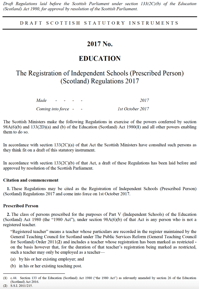The draft Registration of Independent Schools (Prescribed Person) (Scotland) Regulations 2017