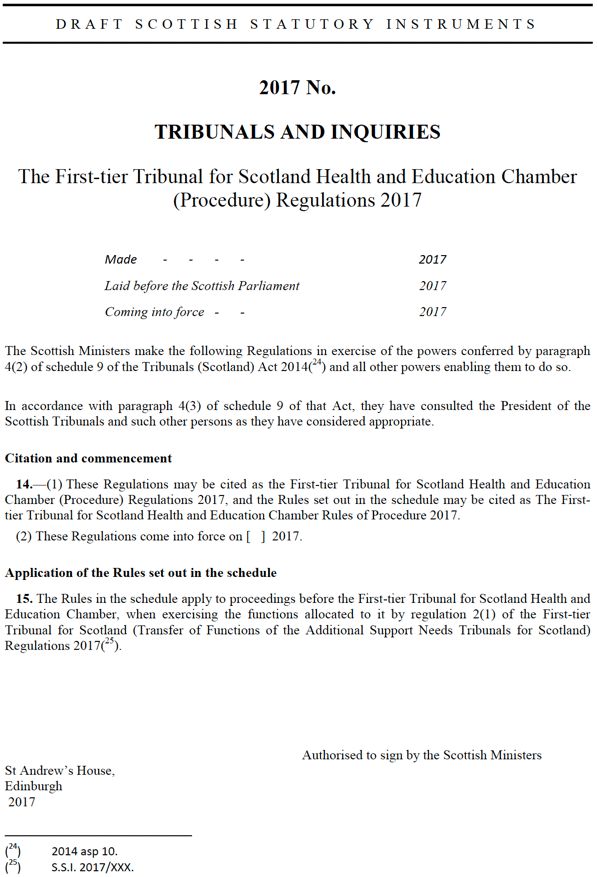 Draft Regulations Prescribing Rules of Procedure for the First-Tier Tribunal for Scotland Health and Education Chamber