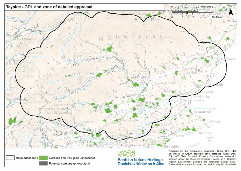 Map 23 Tayside Gardens and Designed Landscapes and potential core beaver woodland