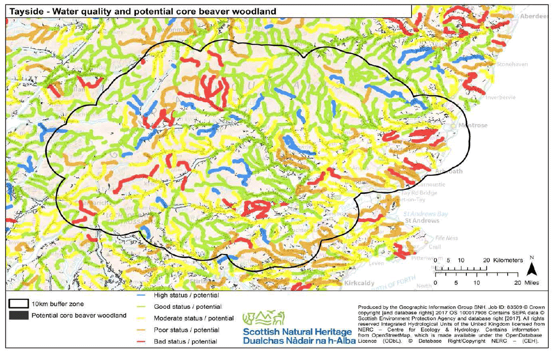 Map 13 - Tayside water quality and potential core beaver woodland