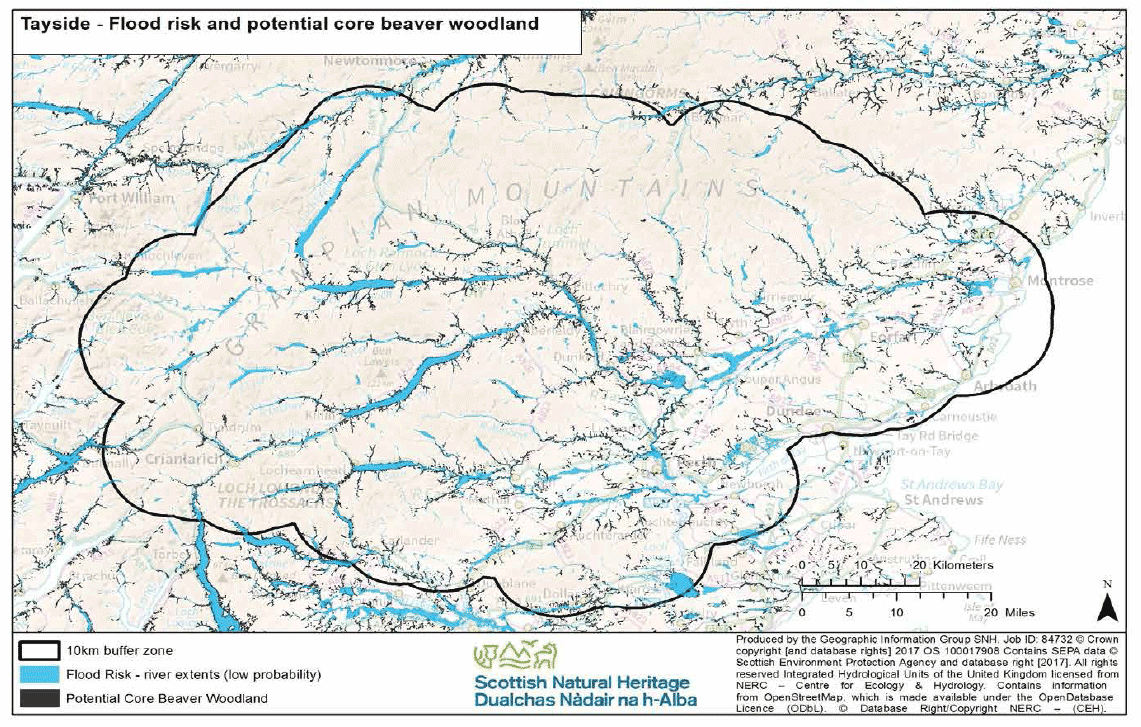 Map 15 - Flood Risk and Tayside potential core beaver woodland