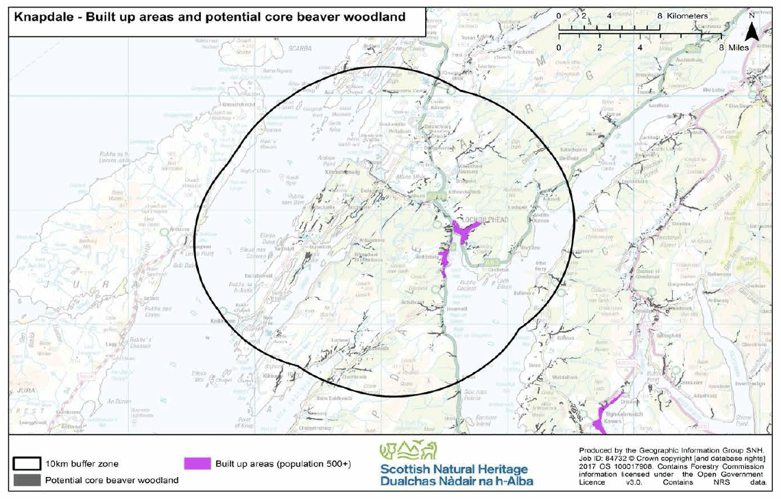 Map 18 - Knapdale built up areas (population 500+) and potential core beaver woodland