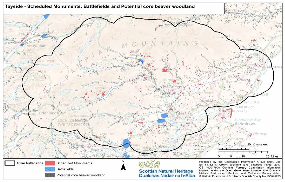 Map 21 - Tayside Scheduled Monuments, Battlefields and potential core beaver woodland