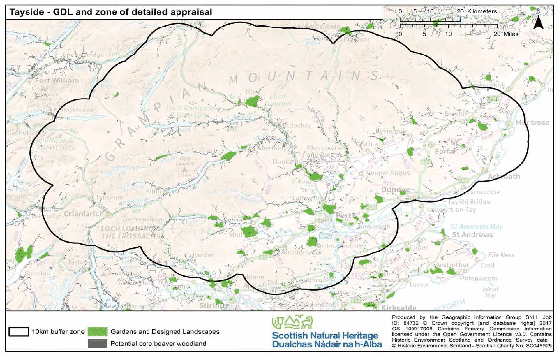 Map 23 - Tayside Gardens and Designed Landscapes and potential core beaver woodland