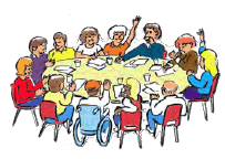 A group of people from a range of backgrounds having a discussion around a table