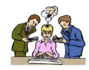 A woman on a kayboard as 2 men oversee while taking notes