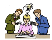 A woman on a kayboard as 2 men oversee while taking notes