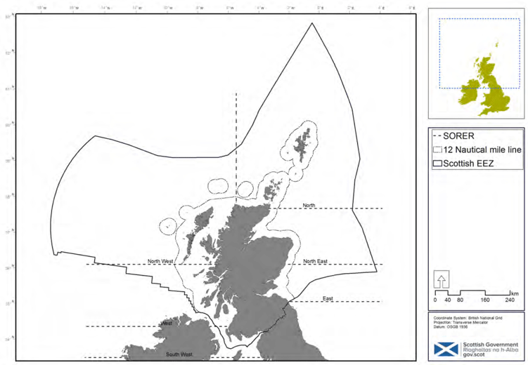 Figure 1: Areas of search resulting from selecting broad sites of minimised constraint from the multi-criteria analysis output. These have been further refined to ensure a minimised level of interaction with existing activities and users by considering the spatial extent of shipping traffic, fishing, designated nature protection areas . © Crown copyright and database rights (2018) OS (100024655).