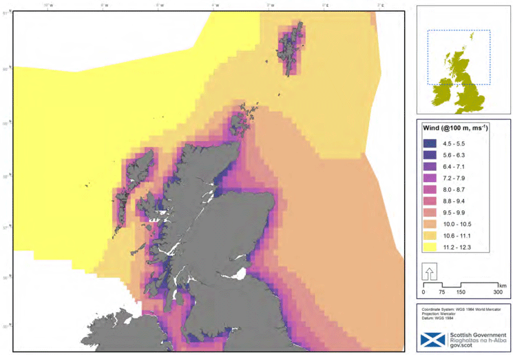 Figure 5: Wind resource in Scottish waters. Wind speed data were taken from ABPMer Renewables Atlas website. © Crown copyright and database rights (2018) OS (100024655). Atlas of UK Marine Renewable Energy Resources. 2008. ABPMer. December 2017. Reproduced from http://www.renewables-atlas.info/ © Crown Copyright.