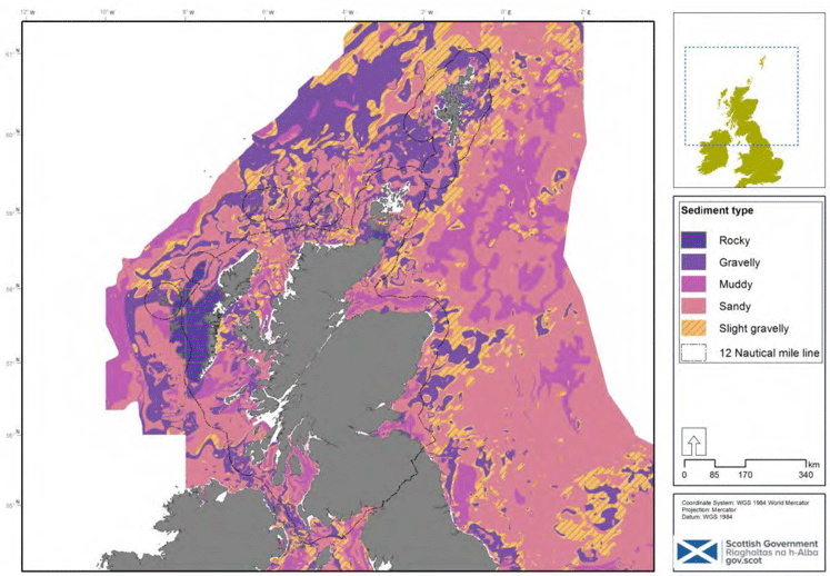 Figure 9: Sediment types on Scottish waters. Data from British Geological Survey. © Crown copyright and database rights (2018) OS (100024655). © Crown Copyright, 2018. All rights reserved. License No. EK001-20140401. 