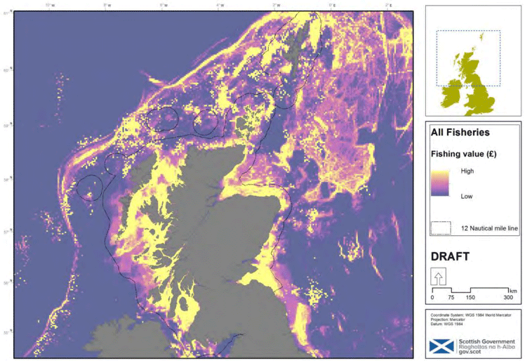 Figure 11: Fishing activity by monetary value including data from VMS and from Scotmap as well as supplementary landings information for the inshore fishing data. The data period mapped was 2007-2011. © Crown copyright and database rights (2018) OS (100024655). 
