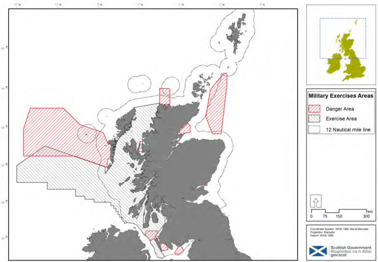 Figure 13: Military exercise areas. © Crown copyright and database rights (2018) OS (100024655). © Crown Copyright, 2018. All rights reserved. License No. EK001-20140401. Not to be used for Navigation.