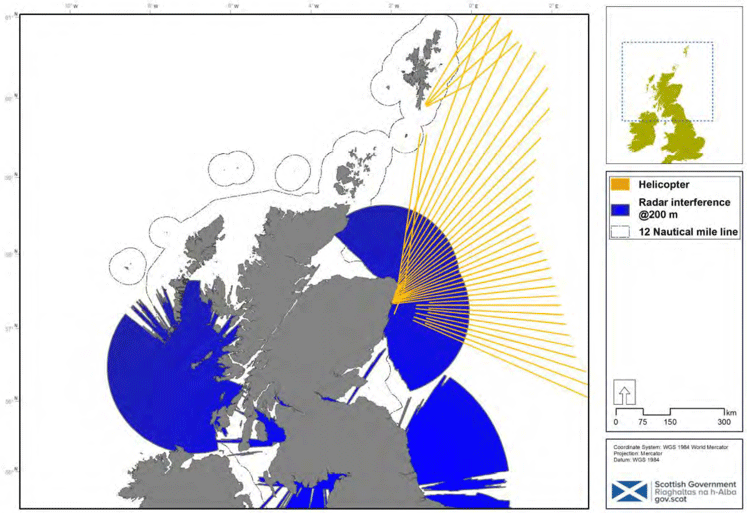 Figure 15: Radar interference taken from the NATS self-assessment website and helicopter flight routes to oil and gas locations. © Crown copyright and database rights (2018) OS (100024655) © NATS copyright (2018) https://www.nats.aero/services/information/wind-farms/self-assessment-maps/.