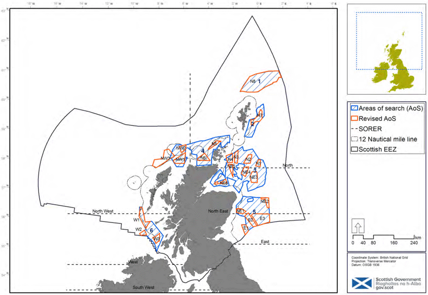 Figure 28: Revised AoS to account for the foreseeable impacts of single issue activities. This includes fishing, shipping traffic, oil and gas infrastructure and overlap with designated nature protected areas. © Crown copyright and database rights (2018) OS (100024655).