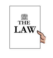 A hand holding a document with ‘The Law’ written on the cover.