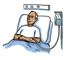 An ill man lying in a hospital bed, with an intravenous drip going into his arm.