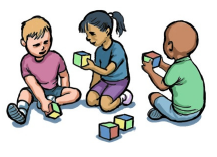 A diverse group of children, playing with toys.