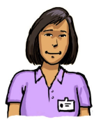 An adult woman wearing a name badge.