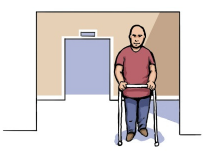 A man using a walking frame to move from one room to another room.