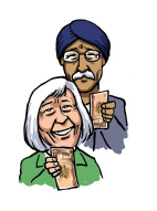 An elderly man and woman, smiling and holding money in their hands.