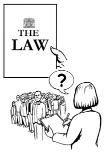 A hand holding a document with ‘The Law’ printed on the cover. Beside this, a woman is holding a clipboard and asking questions to a large, diverse group of people.