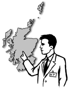 A man in a suit with a name badge, pointing at a map of Scotland.