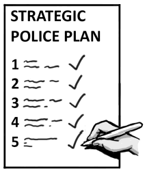 A piece of paper with the heading ‘Strategic Police Plan’. There is a checklist on the piece of paper and a hand is ticking off all the items with a pen.