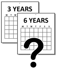 Two calendars, one with ‘3 years’ written on it and the other with ‘6 years’ written on it. There is a question mark on top of them.