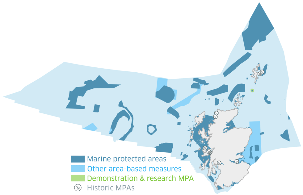 Figure 1: The existing MPA network in Scottish waters. Contains information from the Scottish Government (Marine Scotland), Scottish Natural Heritage, and Historic Environment Scotland licensed under the Open Government Licence v3.0.