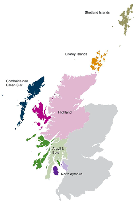 Map highlighting all 6 local authorities representing Island Communities