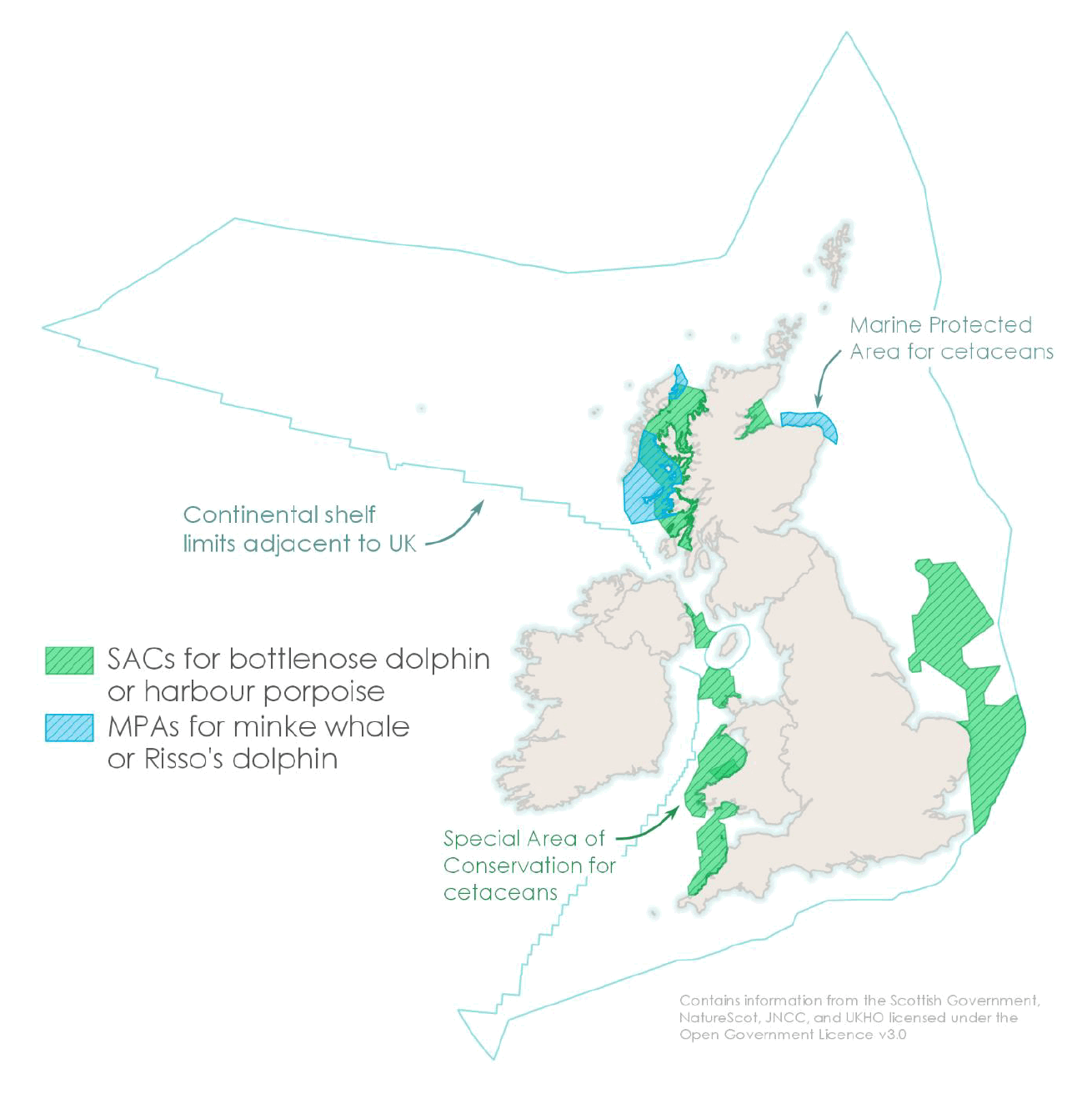A map of the British Isles, highlighting the continental shelf limits adjacent to the UK and Special Areas of Conservation (SACs) and Marine Protected Areas (MPAs). These are mostly found north west and north east of Scotland, west of Wales, east and south west of England, and east of Northern Ireland.