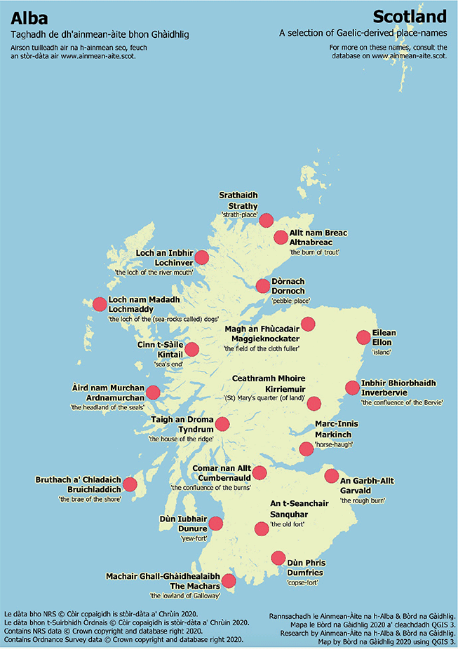 This is a map of Scotland which provides an example of 20 placenames of Gaelic origin from across the country. The names are presented in their original Gaelic form along with the English. Beneath that is an English translation of what each placename means in Gaelic.
