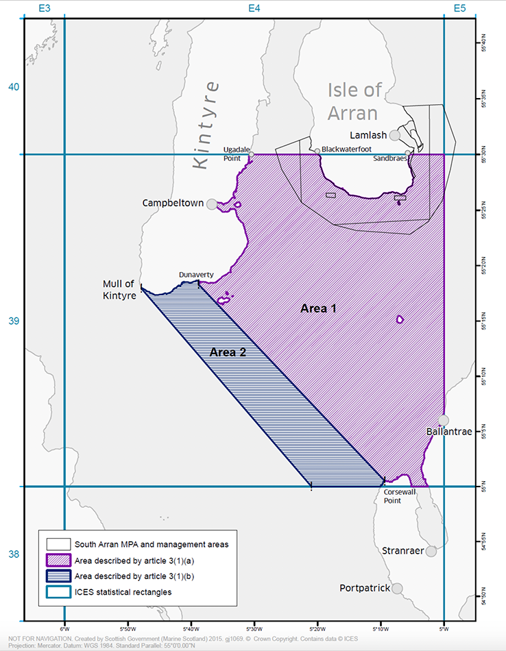Illustrative map of the Clyde cod spawning closure. 

Area one is that part of ICES statistical rectangle 39E4 which lies to the east of the peninsula of Kintyre and to the north of a straight line between 55°1818 north latitude, 05°3850 west longitude, and 55°0030 north latitude, 05°0924 west longitude. This area has historically had exemptions for Norway lobster trawlers, scallop dredgers and creel vessels.

Area two is that part of ICES statistical rectangle 39E4 which lies to the north of a straight line between 55°1757 north latitude, 05°4754 west longitude and 55°0000 north latitude, 05°2100 west longitude and to the south of a straight line between 55°1818 north latitude, 05°3850 west longitude and 55°0030 north latitude, 05°0924 west longitude. This area has historically had exemptions for scallop dredgers and creel vessels.
