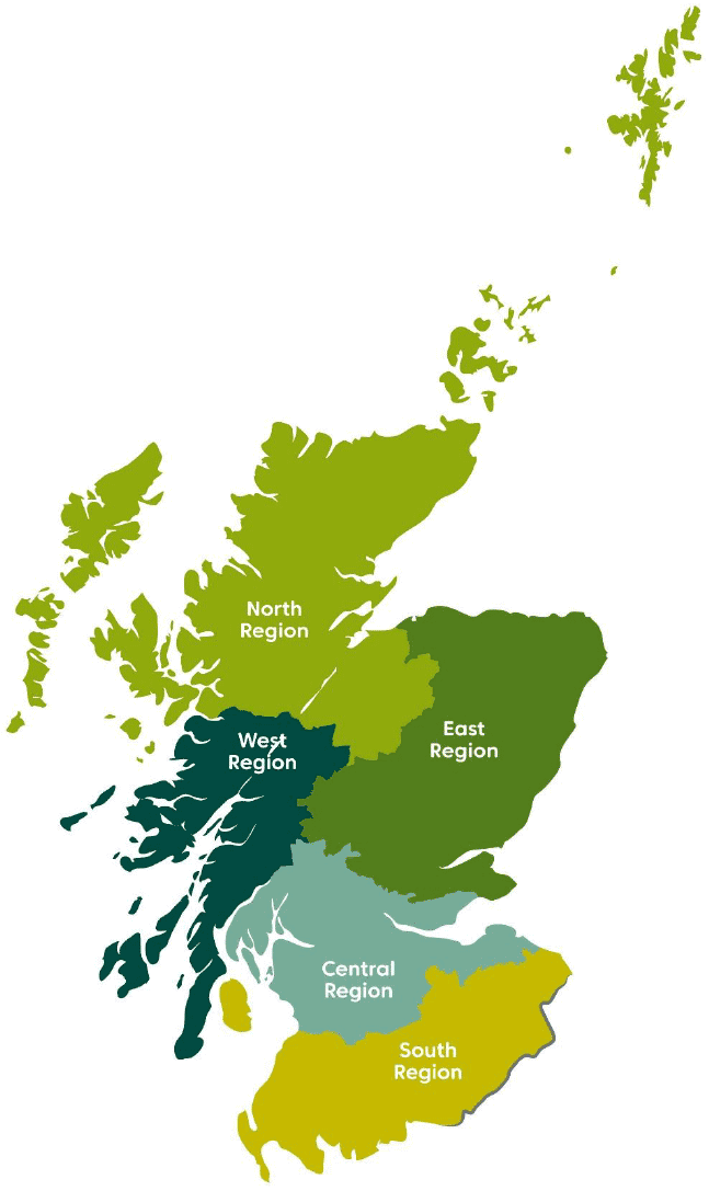 The image shows a map of Scotland, divided into the five FLS Regions.  The five regions are demarcated with different colours of green, with identifying text on each section ie North Region, West Region, East Region, Central Region and South Region.