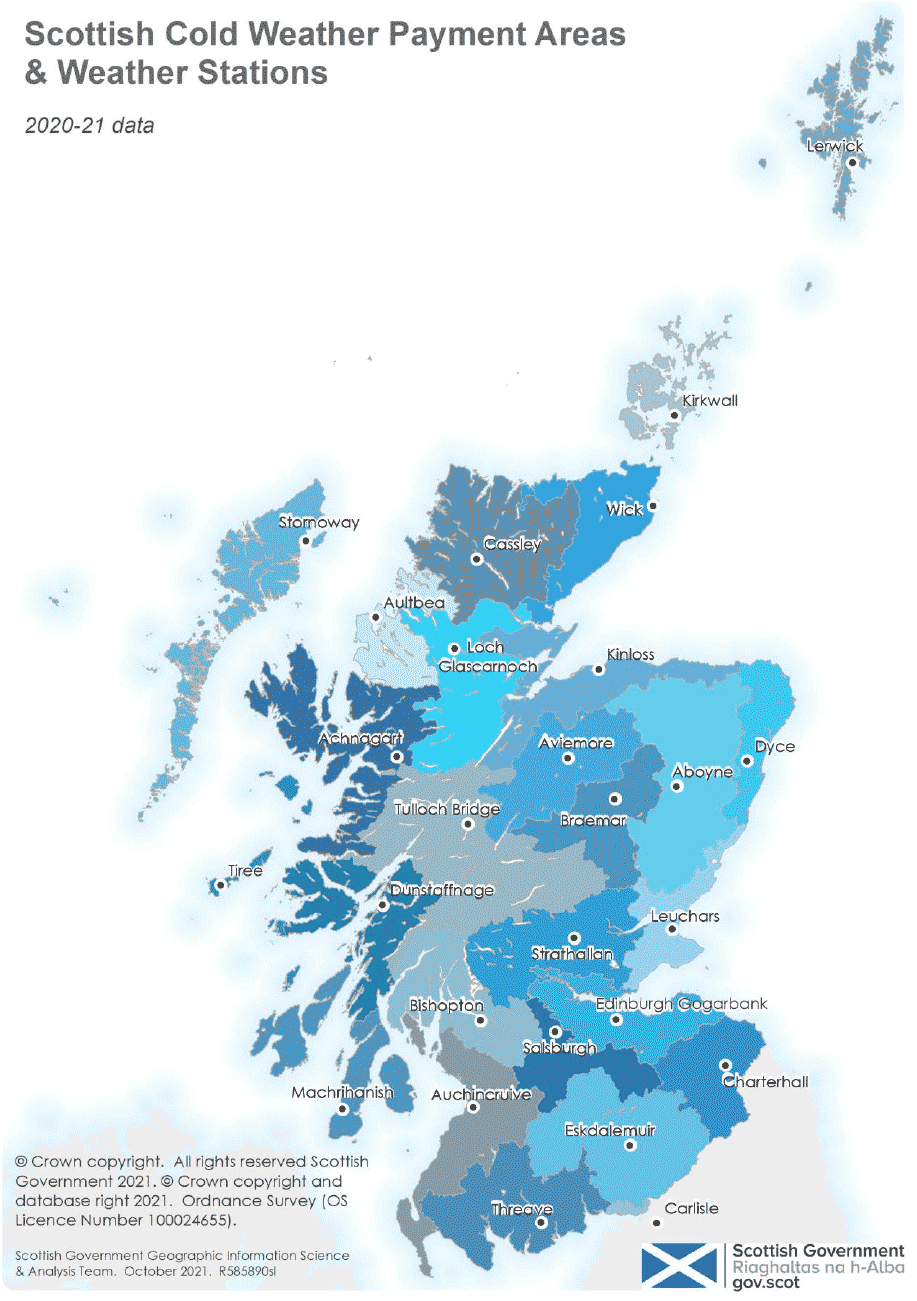 Image of map showing Scottish cold weather payment areas and weather stations