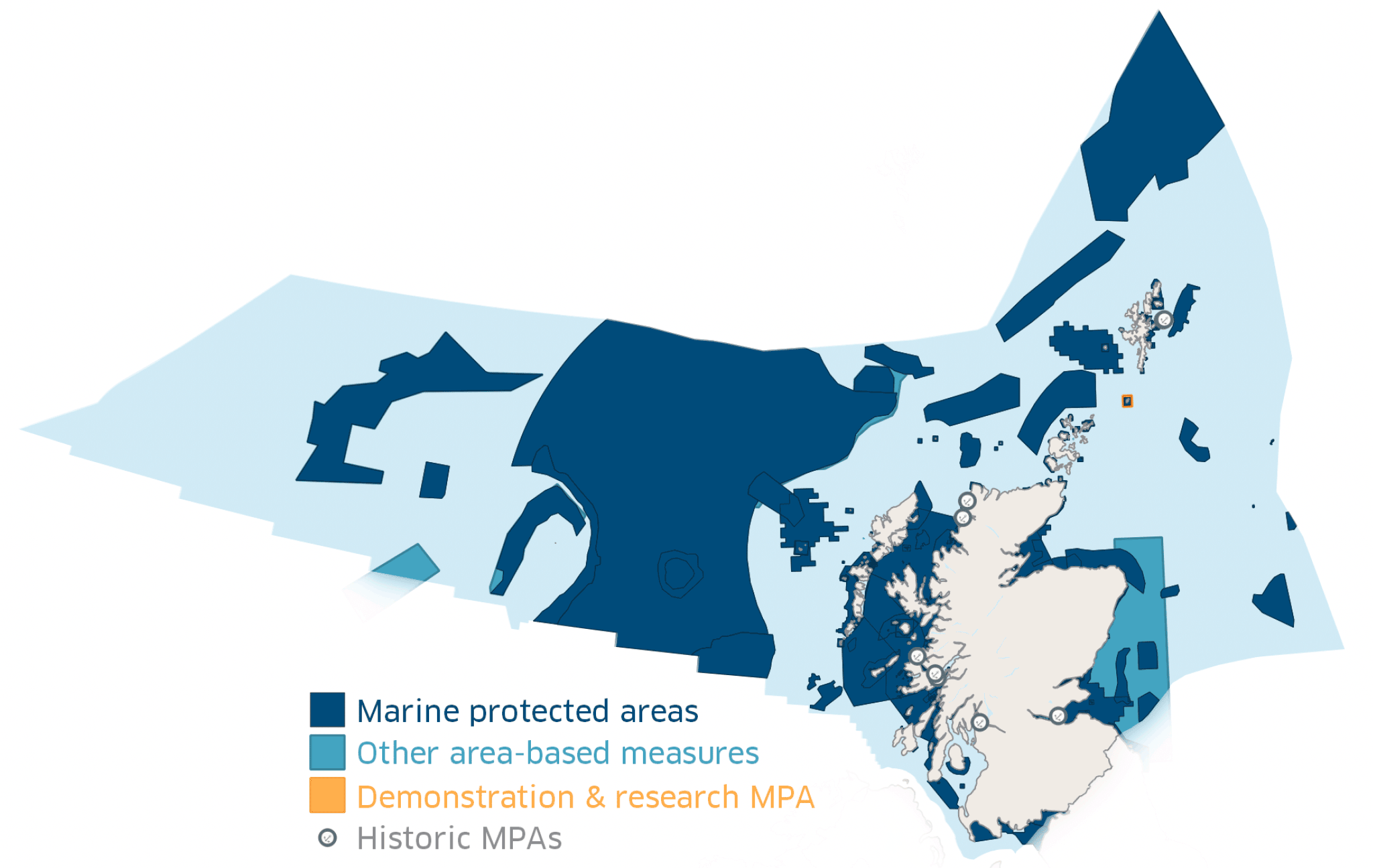 A map of Scotland and its waters with Marine Protected Area network visible by different shaded colours to differentiate between each type of MPA. 
The key identifies 4 things:
Marine Protected Areas in dark blue which include inshore and offshore MPAs of various sizes dotted all around the costline of Scotland and it’s islands as well as offshore to the north, east and west. 
Other area based measures that contribute to the network but are not MPAs are shaded in light blue and sit of the east coast and offshore to north and west. 
Demonstration & research MPA which sits between Shetland & Orkney 
And historic MPAs which are mainly dotted along the west coast with one situated on the east coast. 
