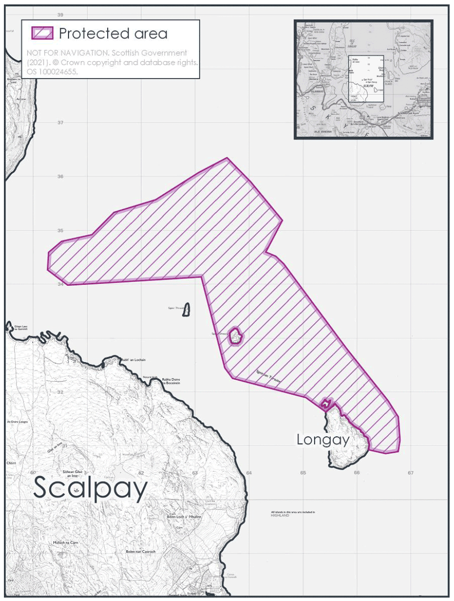 The image shows the proposed Red Rocks and Longay site boundary which sits of the north east cost of Scalpay in the Inner Sound of Skye. The southern section runs aling the east coast of longay and encapsulates red rocks. The MPA’s size is 11.9 square kilometres.