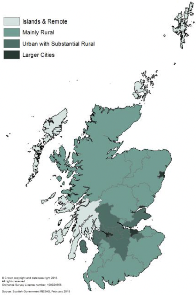 This figure is a map of Scotland shaded in a green scale identifying each of the classifications of the rural economy. The areas in each classification are in the next few bullet points of the report.
