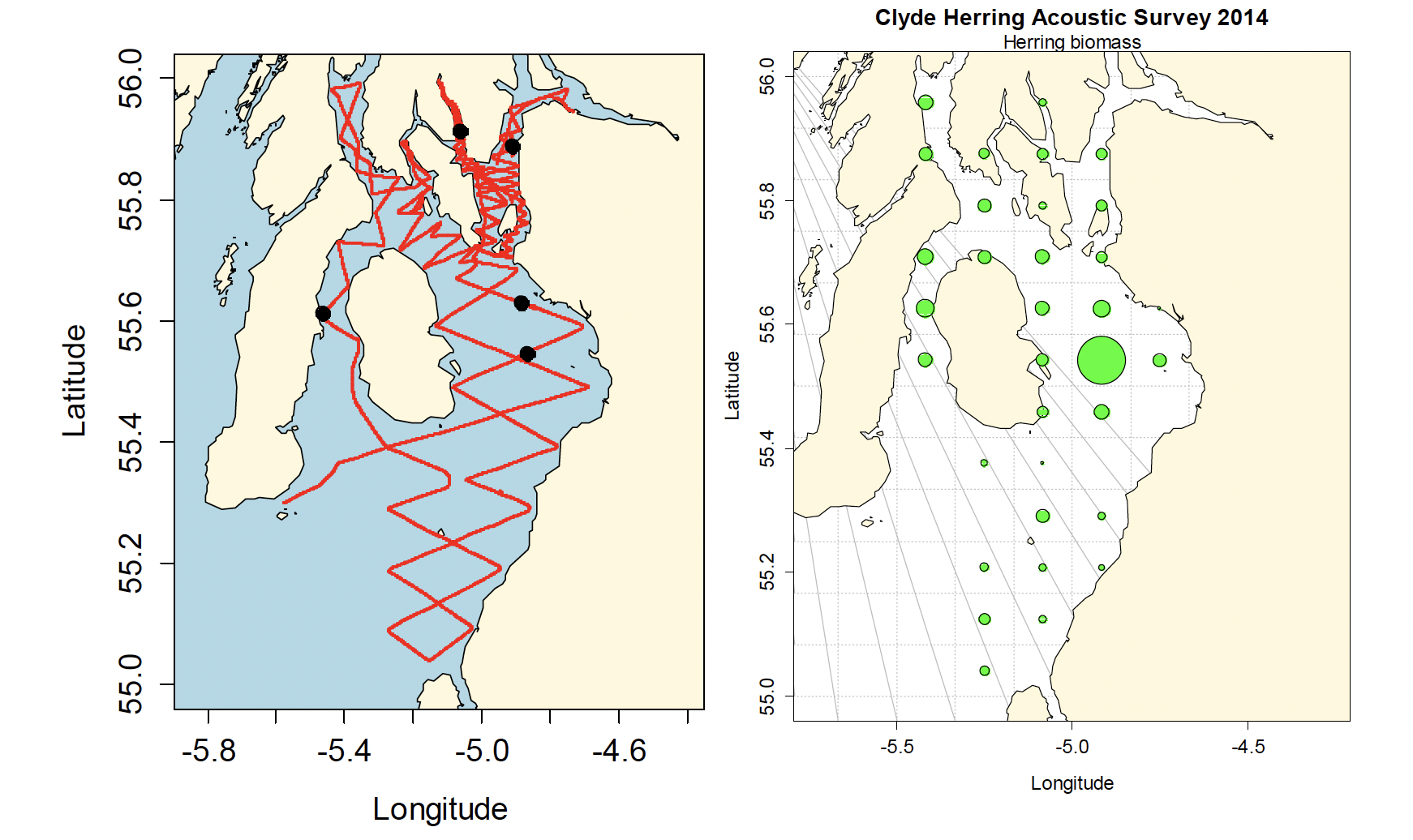 Clyde pelagic acoustic survey maps in 2014. Left map shows cruise track (red line) and haul locations (black dots) for MRV Alba na Mara. Right panel shows distribution of herring biomass