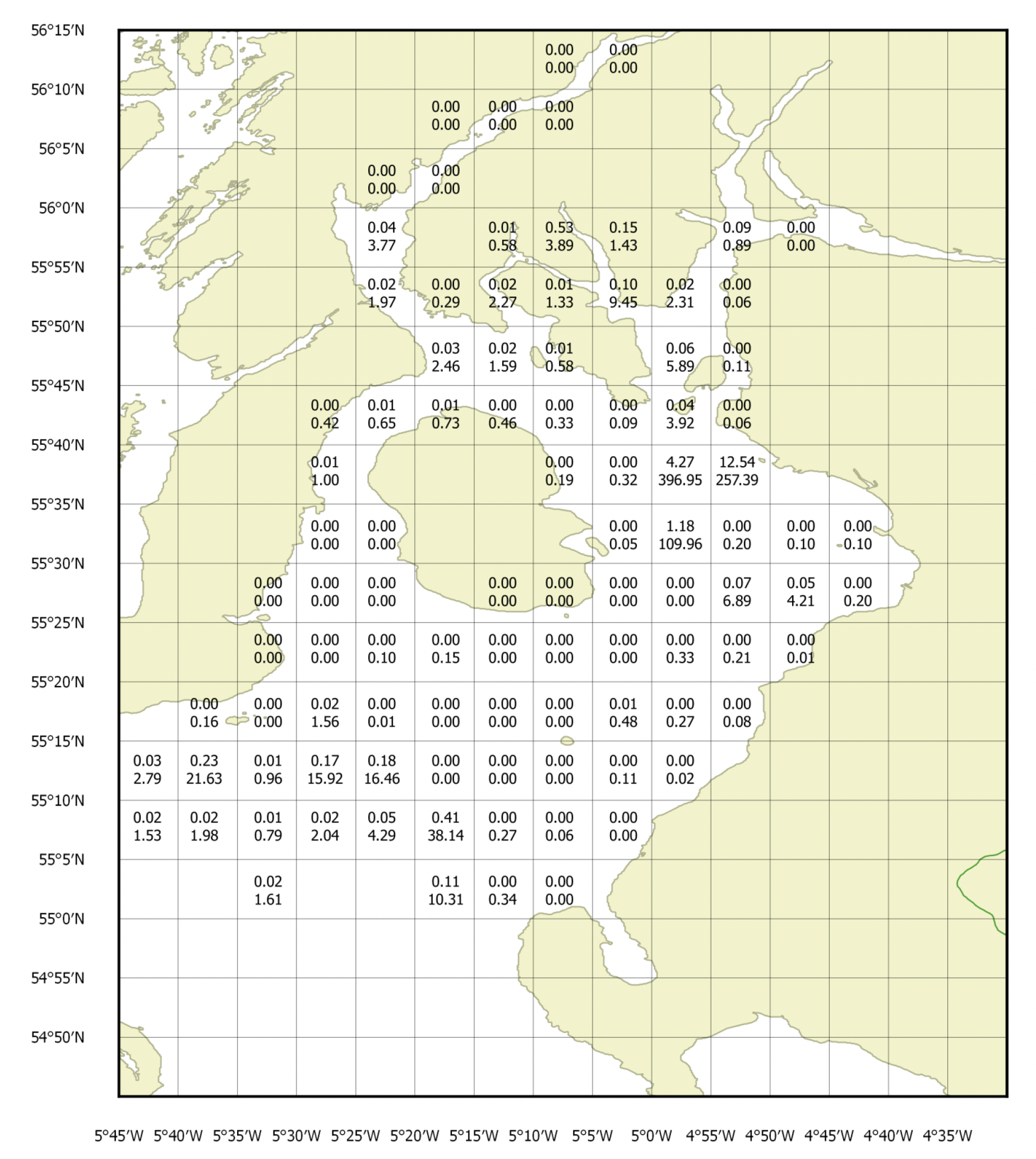 Distribution of herring in Clyde herring acoustic survey maps in 2016. Weight in thousand tonnes (upper figure) and numbers in millions (lower figure) for each 5’ by 5’ analysis rectangle