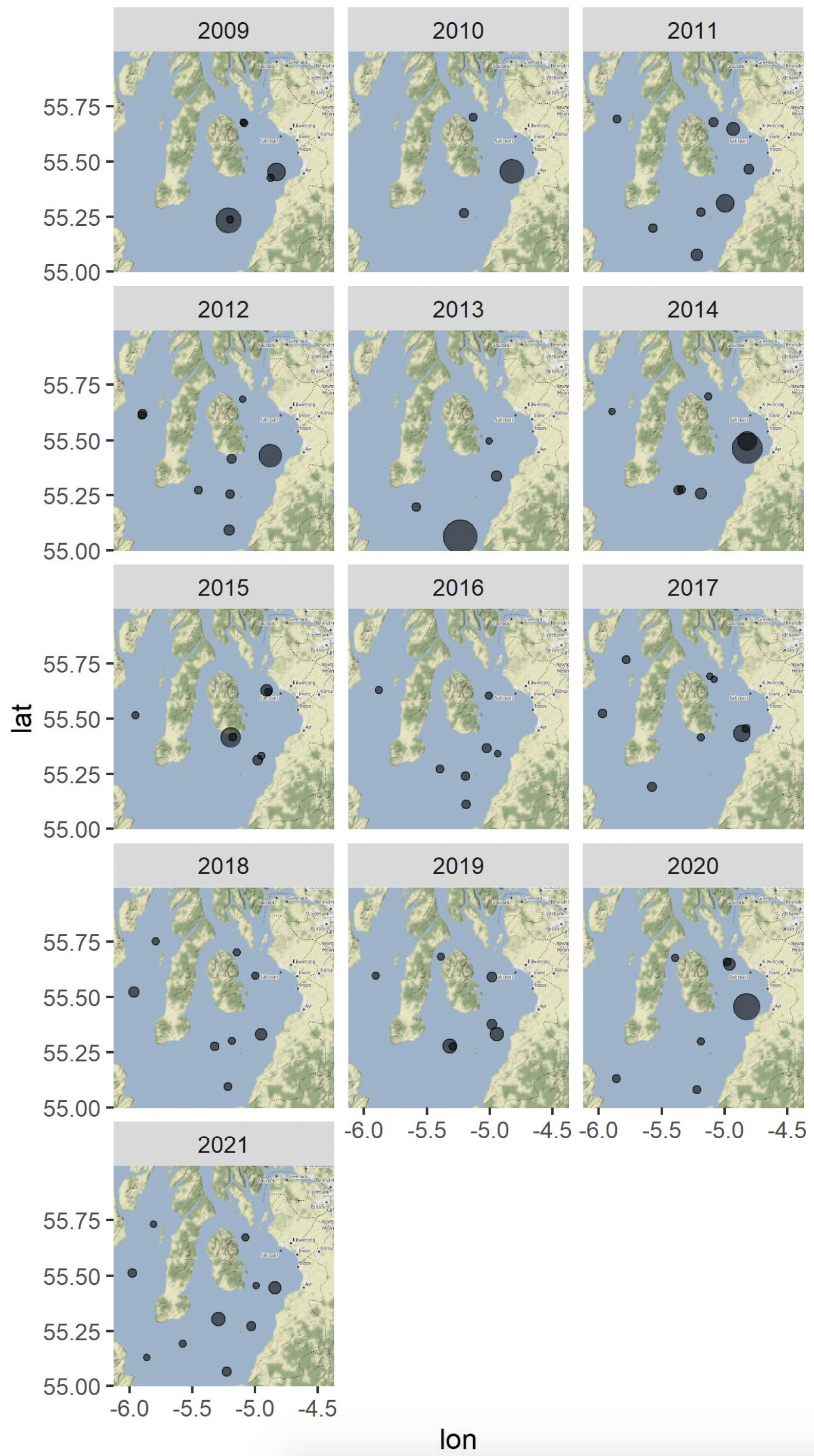 Herring abundances on IBTS tows, between 2009 and 2021 in the Clyde area
