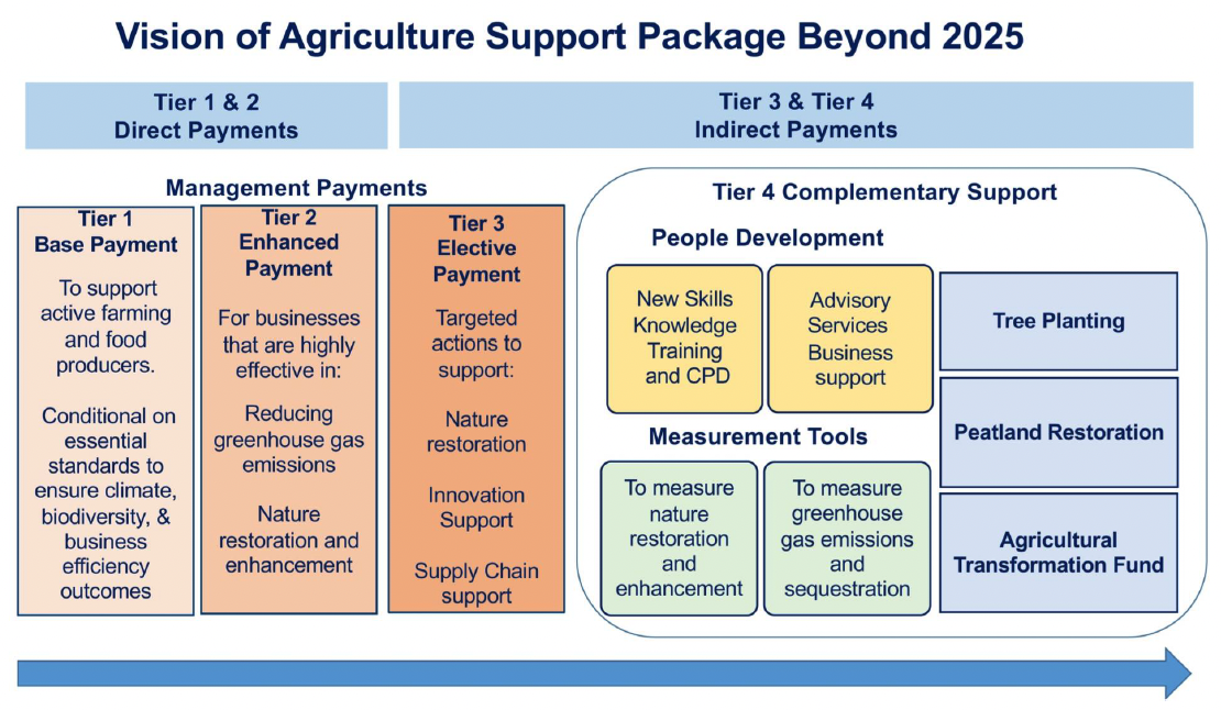 A graphic showing the Scottish Government’s Vision of Agriculture Support Package Beyond 2025. The graphic shows the tiers of payments within boxes and the activities that each payment tier relate to.