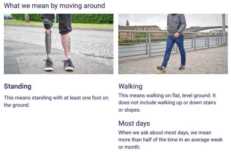The application form for Adult Disability Payment provides people with a definition of what we mean by moving around. This includes definitions of 'standing', 'walking' and 'most days' to ensure that people can provide us with the most relevant detail.