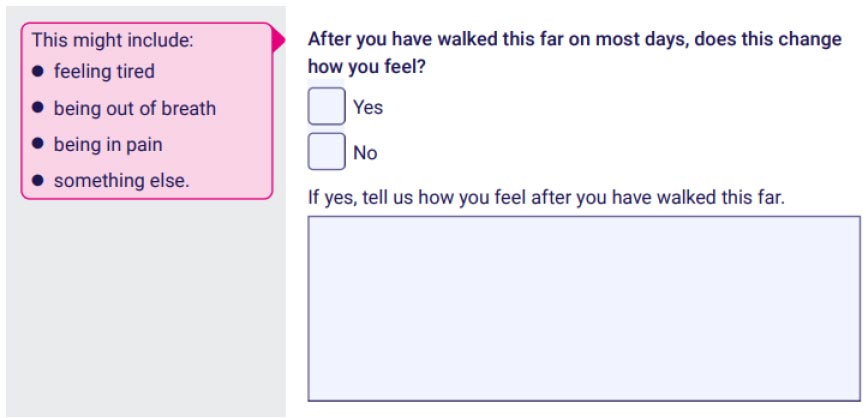 The Adult Disability Payment application form shows guidance next to the question about how far people can walk on most days. The prompts include feeling tired, being out of breath, being in pain or something else next to the question.